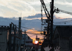 Rule 34 | 1girl, absurdres, black eyes, black hair, building, cloud, evening, gradient sky, hand up, head only, highres, house, orange sky, original, outdoors, portrait, power lines, scenery, sky, solo, sun, sunset, traffic light, uniunimikan, upper body, utility pole