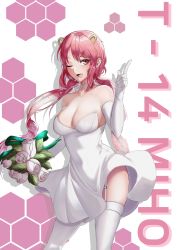 Rule 34 | 1girl, blush, bouquet, breasts, bride, character name, choker, cleavage, dress, elbow gloves, flower, formal, garter straps, gloves, highres, holding, holding bouquet, last origin, looking at viewer, miho (last origin), one eye closed, open mouth, pink eyes, pink hair, rangrang, solo, strapless, strapless dress, thighhighs, twintails, wedding, wedding dress, white dress, white gloves
