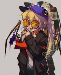 Rule 34 | 1girl, :d, alternate costume, black jacket, blonde hair, blue hat, casual, contemporary, film grain, flandre scarlet, flat cap, food, glasses, green skirt, grey background, hair between eyes, hat, highres, holding, holding food, jacket, kiliko-san, long hair, looking at viewer, off shoulder, open clothes, open jacket, open mouth, pocky, pointy ears, ponytail, red eyes, shirt, simple background, skirt, smile, solo, teeth, tinted eyewear, tongue, touhou, upper body, white shirt, wings