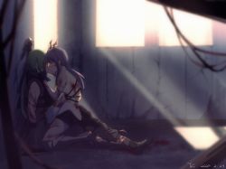 Rule 34 | 2girls, arknights, armor, bare arms, bare shoulders, black gloves, black shorts, blood, blood on clothes, blue hair, boots, breastplate, ch&#039;en (arknights), chinese commentary, commentary request, cuts, dated, fingerless gloves, from side, gloves, green hair, highres, horns, hoshiguma (arknights), indoors, injury, kiss, kneeling, light rays, low ponytail, multiple girls, profile, shirt, short shorts, shorts, sidelocks, signature, sleeveless, sleeveless shirt, tory-chen, white shirt, yuri