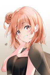 Rule 34 | 1girl, absurdres, black dress, blush, breasts, brown hair, cleavage, commentary, dress, gradient background, grey background, grin, hair between eyes, hair bun, heart, highres, looking at viewer, medium breasts, nonbire, red eyes, see-through, side bun, single hair bun, single side bun, smile, solo, upper body, white background, yahari ore no seishun lovecome wa machigatteiru., yuigahama yui