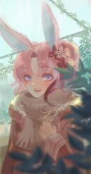Rule 34 | 1girl, animal ears, artist name, blue eyes, blue sky, brown scarf, bush, character name, clenched hand, commentary, english commentary, english text, flower, fringe trim, hair flower, hair ornament, hand on own chest, highres, jacket, kanlamari, light blush, long sleeves, looking at viewer, one side up, open mouth, orange jacket, orange sleeves, original, outdoors, parted bangs, pink hair, rabbit ears, red flower, scarf, short hair, sky, smile, solo, teeth, upper body, upper teeth only, white flower