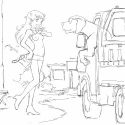 Rule 34 | 1girl, animal, bad id, bad pixiv id, bag, bestiality, breasts, clothes lift, collar, cote, cuffs, dog, flashing, glasses, greyscale, handbag, handcuffs, high heels, long hair, md5 mismatch, monochrome, motor vehicle, navel, nipples, open mouth, original, pickup truck, shirt lift, short shorts, shorts, sketch, small breasts, sunglasses, truck, undressing, white background