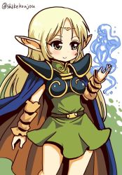 Rule 34 | 1girl, armor, belt, blonde hair, blue cape, blush, bracer, brown cape, cape, chibi, circlet, closed mouth, commentary request, cowboy shot, deedlit, dot nose, dress, elf, green dress, green eyes, hand up, long hair, magic, multicolored cape, multicolored clothes, pauldrons, pointy ears, record of lodoss war, shake-o, shoulder armor, smile, solo, standing, twitter username