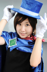 Rule 34 | 1girl, ace attorney, apollo justice ace attorney, asian, brown eyes, brown hair, capcom, cape, cosplay, gloves, hat, looking at viewer, miasa, photo (medium), scarf, solo, top hat, trucy wright, trucy wright (cosplay), white gloves