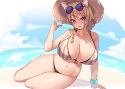 Rule 34 | 1girl, animal ear fluff, animal ears, arknights, arm support, bare shoulders, bikini, blue sky, breasts, cloud, cloudy sky, collarbone, commentary, day, eyelashes, eyewear on head, food, hair ornament, hairclip, hand up, hat, holding, holding food, huge breasts, jewelry, kuavera, long hair, looking at viewer, melting, nail polish, navel, official alternate costume, outdoors, pinky out, popsicle, purple eyes, round eyewear, skindentation, sky, solo, striped bikini, striped clothes, sunglasses, sweat, swimsuit, thigh gap, thighs, tongue, tongue out, utage (arknights), utage (summer flowers) (arknights), vertical-striped bikini, vertical-striped clothes, x hair ornament