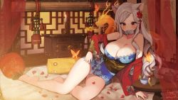Rule 34 | 1girl, animal ears, bare shoulders, blue dress, blue panties, blush, breasts, bug, bust cup, butterfly, cat ears, closed mouth, collarbone, commission, curtains, dragon, dress, eastern dragon, hair ornament, highres, bug, jacket, kuang (kzhw7588), lantern, large breasts, long hair, long sleeves, mouth hold, open clothes, open jacket, original, panties, paper lantern, petals, print dress, red eyes, red jacket, silver hair, sleeves past wrists, smoke, solo, strapless, strapless dress, table, transparent, underwear, very long hair, wide sleeves