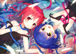Rule 34 | 2girls, :d, bare arms, bare shoulders, black dress, blue hair, blue ribbon, commentary request, dress, fang, feathers, gochuumon wa usagi desu ka?, hand on own chest, jouga maya, long hair, looking at viewer, lying, multiple girls, natsu megumi, on back, one side up, open mouth, pink ribbon, red eyes, red hair, ribbon, short hair, skin fang, sleeveless, sleeveless dress, smile, strap slip, taku michi, water, water drop, yellow eyes