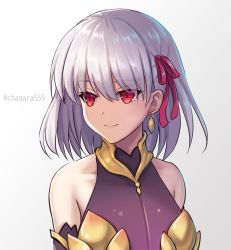 Rule 34 | 1girl, armlet, armor, bare shoulders, bikini armor, breasts, chagara, closed mouth, collar, detached sleeves, dress, earrings, fate/grand order, fate (series), gradient background, grey background, hair ribbon, jewelry, kama (fate), kama (first ascension) (fate), looking to the side, metal collar, pink ribbon, purple dress, purple sleeves, red eyes, ribbon, short hair, silver hair, small breasts, smile