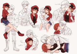 Rule 34 | 1boy, 1girl, :d, :o, absurdres, adjusting another&#039;s hair, ae-3803, ahoge, arms around neck, baseball cap, belt pouch, black eyes, black legwear, black shirt, blush, boots, cabbie hat, carrying, closed eyes, collared shirt, colored skin, commentary, couple, cuddling, drunk, food, french kiss, gloves, hair over one eye, hand on own face, hat, hataraku saibou, hetero, highres, holding hands, holding person, hug, jacket, kiss, licking, licking another&#039;s face, looking away, lying, midriff peek, naughty face, navel, on back, open mouth, piggyback, popsicle, pouch, red blood cell (hataraku saibou), red footwear, red hair, red hat, red jacket, shirt, shoes, short hair, shorts, simple background, smile, socks, surprised, translated, u-1146, uniform, white background, white blood cell (hataraku saibou), white gloves, white hair, white hat, white skin, yellow eyes, yumeha tseru, |d