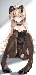 Rule 34 | 1girl, absurdres, ahoge, animal ears, areola slip, black bow, black bowtie, black footwear, black leotard, black pantyhose, blonde hair, blue eyes, blush, bow, bowtie, breasts, cameltoe, closed mouth, detached collar, fake animal ears, female focus, fishnets, high heels, highres, leotard, looking at viewer, original, pantyhose, playboy bunny, rabbit ears, sitting, solo, strapless, strapless leotard, thighs, torn clothes, torn pantyhose, toshizou (0714), tsurime