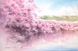 Rule 34 | blue sky, cherry blossoms, cloud, cloudy sky, day, highres, no humans, original, pond, reflection, reflective water, scenery, shimizu megumi (m acquerello), sky, tree, water