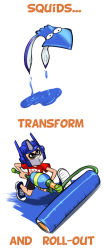 Rule 34 | 1boy, autobot, cosplay, english text, helmet, ink, inkling, inkling boy, inkling player character, izra, nintendo, optimus prime, optimus prime (cosplay), paint roller, shirt, shoes, shorts, simple background, sneakers, splat roller (splatoon), splatoon (series), splatoon 1, squid, t-shirt, transformers, transformers: generation 1