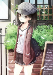 Rule 34 | 10s, 1girl, :t, adapted costume, alternate costume, animal print, backpack, bag, brown eyes, brown hair, cabbie hat, chalkboard, contemporary, cowboy shot, flat chest, hands in pockets, hat, kantai collection, menu board, mouth hold, rabbit print, reio reio, ryuujou (kancolle), short hair, skirt, solo, twintails