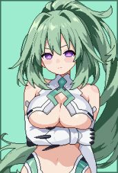 1girl absurdres bare_shoulders blush_stickers breasts cleavage commentary cowboy_shot elbow_gloves english_commentary gloves green_background green_hair green_heart_(neptunia) high_ponytail highres large_breasts loblob_art long_hair looking_at_viewer neptune_(series) pixel_art ponytail power_symbol power_symbol-shaped_pupils purple_eyes simple_background solo symbol-shaped_pupils very_long_hair