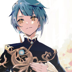 Rule 34 | 1boy, asymmetrical bangs, blue hair, blunt bangs, chinese clothes, closed mouth, commentary request, earrings, frilled shirt collar, frilled sleeves, frills, genshin impact, gnmakosn, gradient background, highres, jewelry, long sleeves, male focus, short hair, signature, single earring, smile, solo, tassel, tassel earrings, upper body, white background, xingqiu (genshin impact), yellow background, yellow eyes