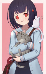 Rule 34 | &gt; &lt;, 1girl, :3, @ @, animal, animal hug, bag, black hair, black skirt, blue jacket, blush, cat, closed eyes, commentary request, flying sweatdrops, granblue fantasy, grey background, hair ornament, head tilt, highres, jacket, long sleeves, looking at viewer, mouse (animal), open clothes, open jacket, parted lips, red background, red eyes, shoulder bag, skirt, sleeves past wrists, solo, two-tone background, uneg, vikala (granblue fantasy)