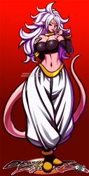 Rule 34 | 1girl, alternate form, android 21, black sclera, bracelet, breasts, colored sclera, colored skin, dragon ball, dragon ball fighterz, earrings, female focus, finger to mouth, harem pants, highres, hoop earrings, jadenkaiba, jewelry, light purple hair, majin android 21, nail polish, navel, open mouth, pants, pink skin, pointy ears, red eyes, solo, spoilers, stomach, tail, tongue, tongue out