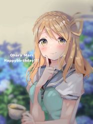 Rule 34 | 1girl, artist name, artist request, blonde hair, blurry, blurry background, blush, braid, breasts, brown eyes, buttons, collarbone, crown braid, cup, female focus, green eyes, green neckerchief, green sweater, green sweater vest, grey sailor collar, hair rings, highres, holding, holding cup, looking at viewer, love live!, love live! sunshine!!, medium breasts, neckerchief, ohara mari, parted lips, sailor collar, school uniform, shirt, short hair, short sleeves, smile, solo, sweater, sweater vest, tie clip, uranohoshi school uniform, white shirt, yellow buttons, yellow eyes