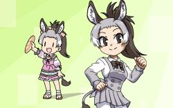 Rule 34 | 1girl, :d, animal ears, arm at side, arm up, black bow, black bowtie, black hair, bow, bowtie, bread, brown eyes, chibi, closed mouth, collared shirt, cowboy shot, donkey (kemono friends), donkey ears, donkey girl, donkey tail, dress, extra ears, food, full body, grey hair, hair bow, hand up, high ponytail, holding, holding food, kemono friends, legs apart, long hair, long sleeves, looking at viewer, multicolored hair, multiple views, official alternate costume, open mouth, outstretched arm, sandals, shirt, short dress, smile, srd (srdsrd01), standing, tail, white hair, white shirt, wing collar, | |