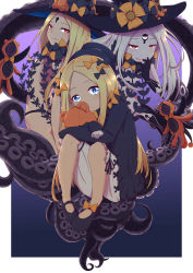 Rule 34 | 3girls, :d, abigail williams (fate), abigail williams (second ascension) (fate), abigail williams (third ascension) (fate), ass, black bow, black dress, black footwear, black gloves, black hat, black panties, blonde hair, bloomers, blue eyes, bow, bug, butterfly, closed mouth, colored skin, commentary request, dress, elbow gloves, fate/grand order, fate (series), forehead, gloves, hair bow, hat, hat bow, head tilt, highres, hugging object, insect, keyhole, licking lips, long hair, long sleeves, looking at viewer, mary janes, minazuki no hanayome, multiple girls, multiple persona, open mouth, orange bow, panties, parted bangs, pigeon-toed, red eyes, revealing clothes, shoes, sitting, sleeves past fingers, sleeves past wrists, smile, stuffed animal, stuffed toy, suction cups, teddy bear, tentacles, tongue, tongue out, underwear, very long hair, white bloomers, white hair, white skin, witch hat