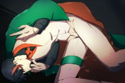 Rule 34 | 1boy, 396 pkg, black background, black hair, cape, creatures (company), decidueye, game freak, gen 7 pokemon, gloves, green cape, long sleeves, looking at viewer, lying, male focus, multicolored hair, nintendo, on side, orange hair, pale skin, pants, personification, pokemon, solo, thigh strap, two-tone hair, vest, white gloves, white pants, white vest, yellow eyes