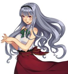 Rule 34 | 1girl, bad id, bad pixiv id, bare shoulders, hairband, halterneck, halterneck, idolmaster, idolmaster (classic), interlocked fingers, long hair, long skirt, own hands clasped, own hands together, red eyes, shijou takane, silver hair, skirt, smile, solo, sumith