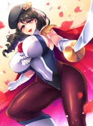 Rule 34 | 1girl, absurdres, beret, black hair, black hat, boots, breasts, cape, covered navel, epaulettes, floating hair, flower, gloves, hat, highres, holding, holding sword, holding weapon, large breasts, leotard, long hair, original, pantyhose, purple eyes, red cape, red flower, red rose, rose, shapiro, smile, solo, sword, weapon, white footwear, white gloves, white leotard