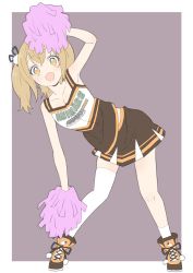 Rule 34 | 1girl, nanashi inc., :d, absurdres, animare, asymmetrical legwear, bare arms, bare shoulders, blonde hair, blush, boots, border, breasts, brown background, brown skirt, cheerleader, cleavage, donguri suzume, dot nose, full body, hand up, highres, inaba haneru (animare), leaning to the side, legs apart, looking at viewer, medium hair, open mouth, pom pom (cheerleading), shirt, simple background, single sock, single thighhigh, skirt, sleeveless, sleeveless shirt, smile, socks, solo, standing, thighhighs, two side up, uneven legwear, virtual youtuber, white border, white socks, yellow eyes