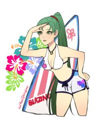 Rule 34 | 1girl, alternate costume, arm up, bad id, bad twitter id, bare arms, bare legs, bare shoulders, beads, bikini, breasts, cleavage, clenched hand, cowboy shot, cropped legs, female focus, fire emblem, fire emblem: the blazing blade, fire emblem heroes, floral background, floral print, flower, green eyes, green hair, hair beads, hair ornament, hand on own hip, hand up, hibiscus, high ponytail, highres, jewelry, kyou (ningiou), leaning, leaning forward, legs, long hair, lyn (fire emblem), matching hair/eyes, medium breasts, neck, necklace, nintendo, open mouth, ponytail, print bikini, print swimsuit, round teeth, shading eyes, short shorts, shorts, solo, surfboard, swimsuit, teeth, transparent background, twitter username, underboob, very long hair, white bikini, white shorts