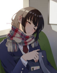 Rule 34 | 1girl, back, black hair, blazer, blue jacket, blush, cellphone, closed eyes, commentary request, day, enpera, jacket, long sleeves, mattaku mousuke, multicolored clothes, multicolored scarf, necktie, original, parted lips, phone, plaid, plaid scarf, red necktie, scarf, school uniform, short hair, sleeping, sleeping upright, smartphone, solo, sunlight, train interior, twitter username, upper body