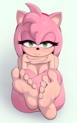 Rule 34 | 1girl, amy rose, animal ears, barefoot, blue background, body fur, breasts, closed mouth, completely nude, crossed legs, feet, female focus, foot focus, full body, furry, furry female, green eyes, hairband, half-closed eyes, hands up, happy, highres, interlocked fingers, looking at viewer, nail polish, nude, own hands together, pink fur, pink hair, pink nails, red hairband, rengaboo, short hair, sidelocks, simple background, sitting, small breasts, smile, soles, solo, sonic (series), straight-on, toes