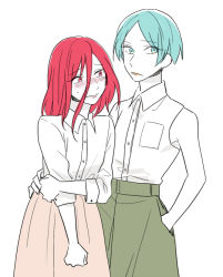 Rule 34 | 2others, alternate costume, androgynous, aqua eyes, aqua hair, arm around waist, blush, cinnabar (houseki no kuni), contemporary, embarrassed, green eyes, green hair, hair between eyes, hand in pocket, holding own arm, houseki no kuni, lipstick, long bangs, looking at viewer, makeup, multiple others, phosphophyllite, red eyes, red hair, skirt, sleeveless, white background