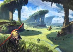 Rule 34 | bird, day, gogol (xenoblade), grass, highres, in-universe location, landscape, monado, monster, outdoors, pito (pitosan), scenery, shulk (xenoblade), squatting, tall grass, territorial rotbart, tree, weapon, weapon on back, xenoblade chronicles (series), xenoblade chronicles 1