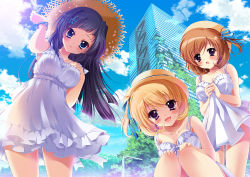 Rule 34 | 3girls, :d, bare arms, black hair, blonde hair, blue eyes, blue hair, blue ribbon, blush, breast suppress, breasts, brown hair, building, cleavage, cloud, collarbone, day, dress, earrings, fang, from below, hair ornament, hair ribbon, hands on own knees, hat, ichi rin, jewelry, lamppost, leaning to the side, long hair, looking at viewer, md5 mismatch, medium breasts, multiple girls, open mouth, original, outdoors, overgrown, parted lips, purple eyes, ribbon, short hair, side ponytail, single earring, skirt hold, sky, sleeveless, sleeveless dress, smile, snowflake hair ornament, spaghetti strap, squatting, standing, star (symbol), straw hat, sundress, tree, white dress