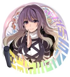 Rule 34 | 1girl, asa (coco), breasts, colored eyelashes, dress, floral background, gradient hair, hijiri byakuren, large breasts, layered dress, light brown hair, light smile, long hair, multicolored hair, outside border, purple eyes, purple hair, round image, scroll, solo, sorcerer&#039;s sutra scroll, touhou, two-tone hair, upper body, wavy hair, white dress