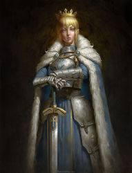 Rule 34 | 1girl, absurdres, armor, armored dress, artoria pendragon (all), artoria pendragon (fate), blonde hair, blue eyes, breastplate, cape, commentary, crown, dark background, dirty, dirty clothes, english commentary, fate/zero, fate (series), faux traditional media, fur cape, gauntlets, highres, light blush, naranbaatars, parted lips, photoshop (medium), saber (fate), solo, sword, weapon