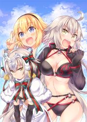 Rule 34 | 3girls, ahoge, bell, bikini, bikini top only, black bikini, black choker, black gloves, black hairband, black jacket, blue jacket, blue sky, bow, braid, breasts, capelet, choker, cleavage, cloud, cloudy sky, collarbone, commentary request, cropped jacket, day, elbow gloves, fate/grand order, fate (series), front-tie bikini top, front-tie top, fur-trimmed capelet, fur trim, gloves, green bow, green ribbon, hair between eyes, hairband, hand on another&#039;s shoulder, headpiece, hood, hood down, hooded jacket, jacket, jeanne d&#039;arc (fate), jeanne d&#039;arc (ruler) (fate), jeanne d&#039;arc (swimsuit archer) (fate), jeanne d&#039;arc (swimsuit archer) (first ascension) (fate), jeanne d&#039;arc alter (fate), jeanne d&#039;arc alter (swimsuit berserker) (fate), jeanne d&#039;arc alter santa lily (fate), large breasts, long braid, long hair, looking at viewer, midriff, multiple girls, navel, o-ring, o-ring bikini, o-ring bottom, o-ring top, open clothes, open jacket, open mouth, outdoors, ribbon, sad, shrug (clothing), silver hair, single braid, sky, small breasts, standing, stomach, striped bow, striped ribbon, swimsuit, takitarou, thigh gap, thighs, v, very long hair, yellow eyes
