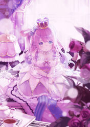 Rule 34 | 1girl, 54hao, :o, asymmetrical legwear, blue thighhighs, blurry, blurry foreground, blush, breasts, cleavage, commentary, crescent print, crown, cup, curtains, day, depth of field, detached sleeves, dress, flower, grey eyes, hair ribbon, heterochromia, highres, himemori luna, hololive, indoors, medium breasts, mini crown, mismatched legwear, one side up, parted lips, pink dress, pink hair, print thighhighs, puffy short sleeves, puffy sleeves, purple eyes, purple flower, purple rose, ribbon, rose, short sleeves, solo, star (symbol), star print, striped clothes, striped thighhighs, sunlight, teacup, teapot, thighhighs, vertical-striped clothes, vertical-striped thighhighs, virtual youtuber, white dress, white sleeves, window