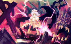 Rule 34 | 1girl, bat wings, cross, energy, female focus, hand on own hip, highres, monster, remilia scarlet, solo, spear the gungnir, standing, teeth, tokiame, tongue, tongue out, touhou, wings