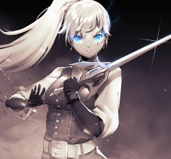 Rule 34 | 1girl, belt, black gloves, blouse, blue eyes, commentary, dune (series), earrings, english commentary, gloves, glowing, glowing eyes, high collar, high ponytail, highres, holding, holding sword, holding weapon, jewelry, long hair, long sleeves, lulu-chan92, myrtenaster, parted lips, ponytail, rapier, rwby, scar, scar across eye, scar on face, shirt, sword, textless version, weapon, weiss schnee, white belt, white hair, white shirt