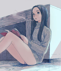 Rule 34 | 1girl, black hair, book, cigarette, desk, emanon (character), freckles, highres, holding, holding book, indoors, knit sweater, kokudou juunigou, leaning on object, long hair, memories of emanon, no pants, on floor, parted bangs, reading, sitting, smoking, solo