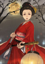 Rule 34 | 1girl, absurdres, bell, brown hair, cloud, cloudy sky, commentary request, fingernails, full moon, grey sky, hair ornament, hairpin, highres, holding, japanese clothes, jingle bell, kimono, lantern, long sleeves, looking at viewer, moon, night, night sky, original, paper lantern, parted lips, red eyes, red kimono, sky, solo, somehira katsu, standing, tassel, wide sleeves