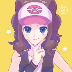 Rule 34 | 1girl, absurdres, baseball cap, blue eyes, blush, brown hair, closed mouth, commentary request, creatures (company), eyelashes, game freak, hand up, hat, highres, hilda (pokemon), long hair, looking at viewer, nintendo, pokemon, pokemon bw, ryusa (gjgd7445), shirt, sidelocks, simple background, sleeveless, sleeveless shirt, smile, solo, star (symbol), v, vest, white hat, wristband, yellow background