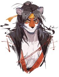 Rule 34 | animal ears, arknights, furry, furry male, headband, highres, huai tianpei (arknights), jyuuzai, long hair, looking at viewer, male focus, solo, solo focus, tiger, tiger boy, tiger ears, white background, yellow eyes, yellow headband
