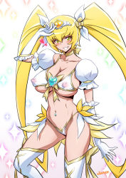 Rule 34 | 1girl, blonde hair, blush, breasts, cure sunshine, covered erect nipples, gloves, grin, heartcatch precure!, joy ride, large breasts, myoudouin itsuki, navel, parted lips, precure, smile, solo, twintails