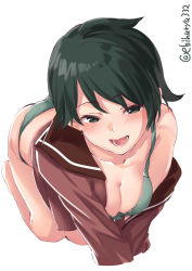 Rule 34 | 1girl, alternate breast size, assertive female, bare legs, black hair, blush, bra, breasts, cleavage, collarbone, cropped arms, ebifurya, green bra, green panties, grey hair, highres, kantai collection, long sleeves, looking at viewer, mogami (kancolle), open mouth, panties, school uniform, serafuku, short hair, simple background, single bare shoulder, small breasts, smile, solo, swept bangs, twitter username, underwear, white background