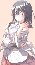 Rule 34 | 1girl, black hair, blush, breasts, brown background, closed mouth, commission, detached sleeves, hair between eyes, hair ribbon, hakama, hakama skirt, highres, japanese clothes, kantai collection, looking at viewer, medium breasts, nontraditional miko, red hakama, ribbon, ribbon-trimmed sleeves, ribbon trim, simple background, skeb commission, skirt, solo, suzumaru, white ribbon, wide sleeves, yamashiro (kancolle)