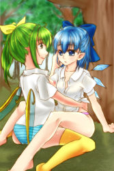 Rule 34 | 2girls, barefoot, blue eyes, blue hair, bow, breasts, cirno, daiyousei, dress shirt, face, fairy wings, green eyes, green hair, hair bow, highres, multiple girls, nagi fuumumare, nature, open clothes, open shirt, panties, pink panties, pointy ears, shirt, small breasts, smile, striped clothes, striped panties, thighhighs, touhou, underwear, wings, yellow thighhighs, yuri