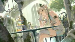 Rule 34 | 1girl, absurdres, aepro corp, arm cuffs, asymmetrical legwear, bare shoulders, blonde hair, breasts, cantaloupe, chair, commentary request, crossed legs, cup, dress, elf, ellise aepro, food, fruit, gloves, gold collar, gold trim, green eyes, green ribbon, hair ornament, head on hand, highres, long hair, looking at viewer, melon, melon slice, moss, parted bangs, pastry, pillar, pointy ears, rasa k, ribbon, ruins, shirt, sidelocks, single glove, single thighhigh, sitting, small breasts, table, teacup, teapot, thigh strap, thighhighs, virtual youtuber, wavy hair, white dress, white gloves, white shirt